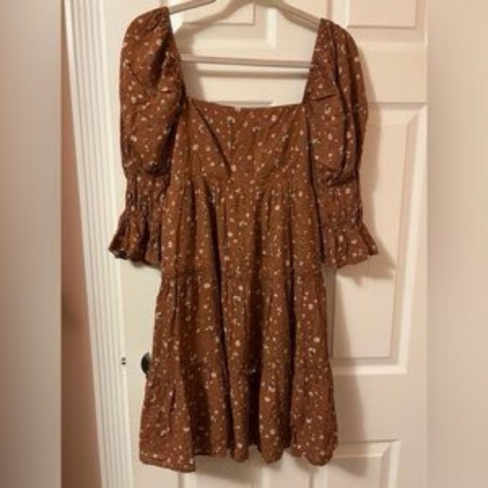 STORIA brand rust Floral Puff-Sleeve Square Neck Dress tie back size small